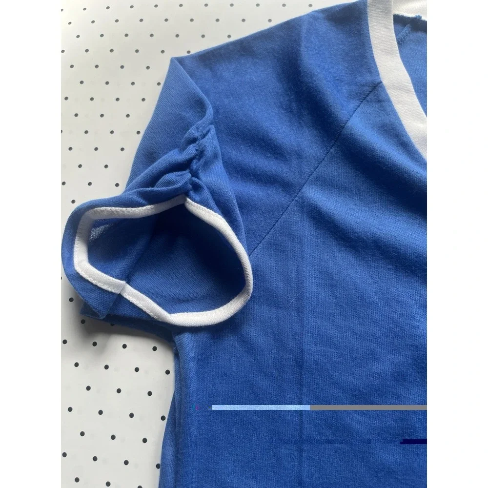 Vintage Blue White Ringer Shirt Retro Gymcore Soft Minimal Tee - Picture 4 of 7